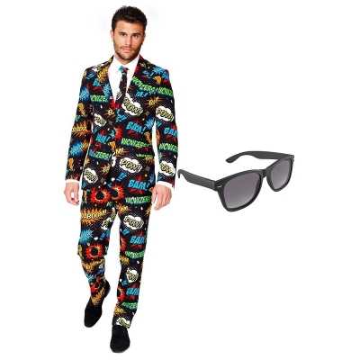 Comic print heren feest outfit maat 54 (xxl) gratis zonnebril